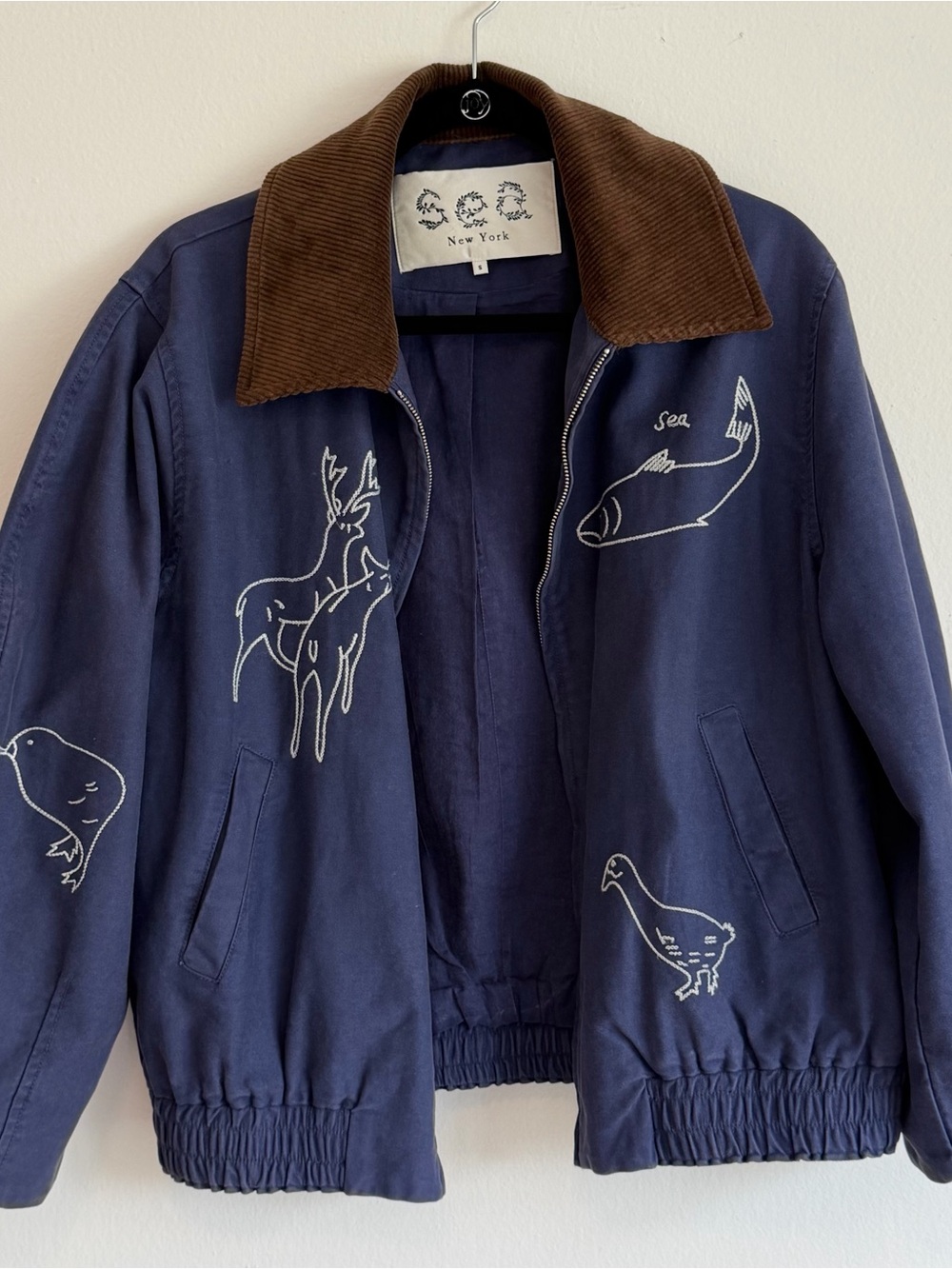 SEA New York Navy Embroidered Women’s Jacket with Brown Corduroy Collar